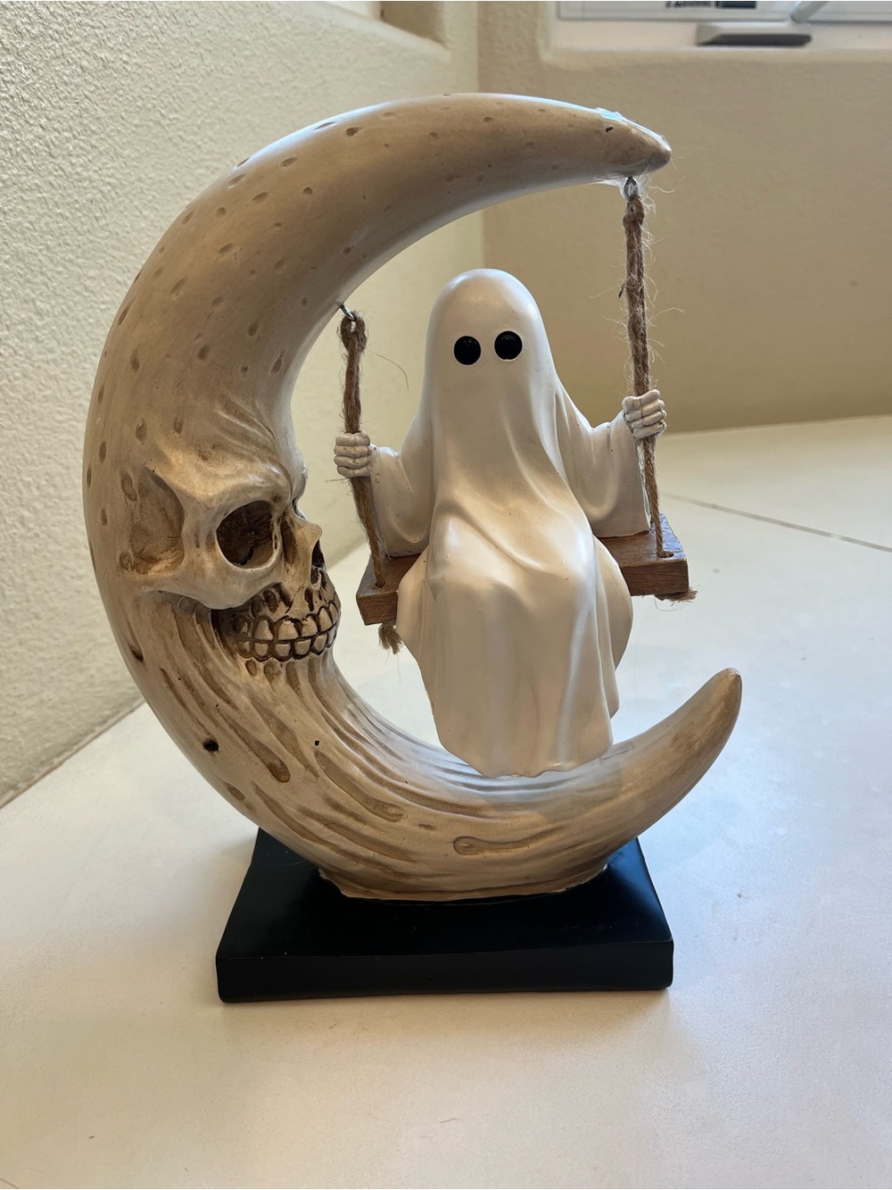 Halloween Swinging Ghost on Crescent Moon Skeleton Art Sculpture